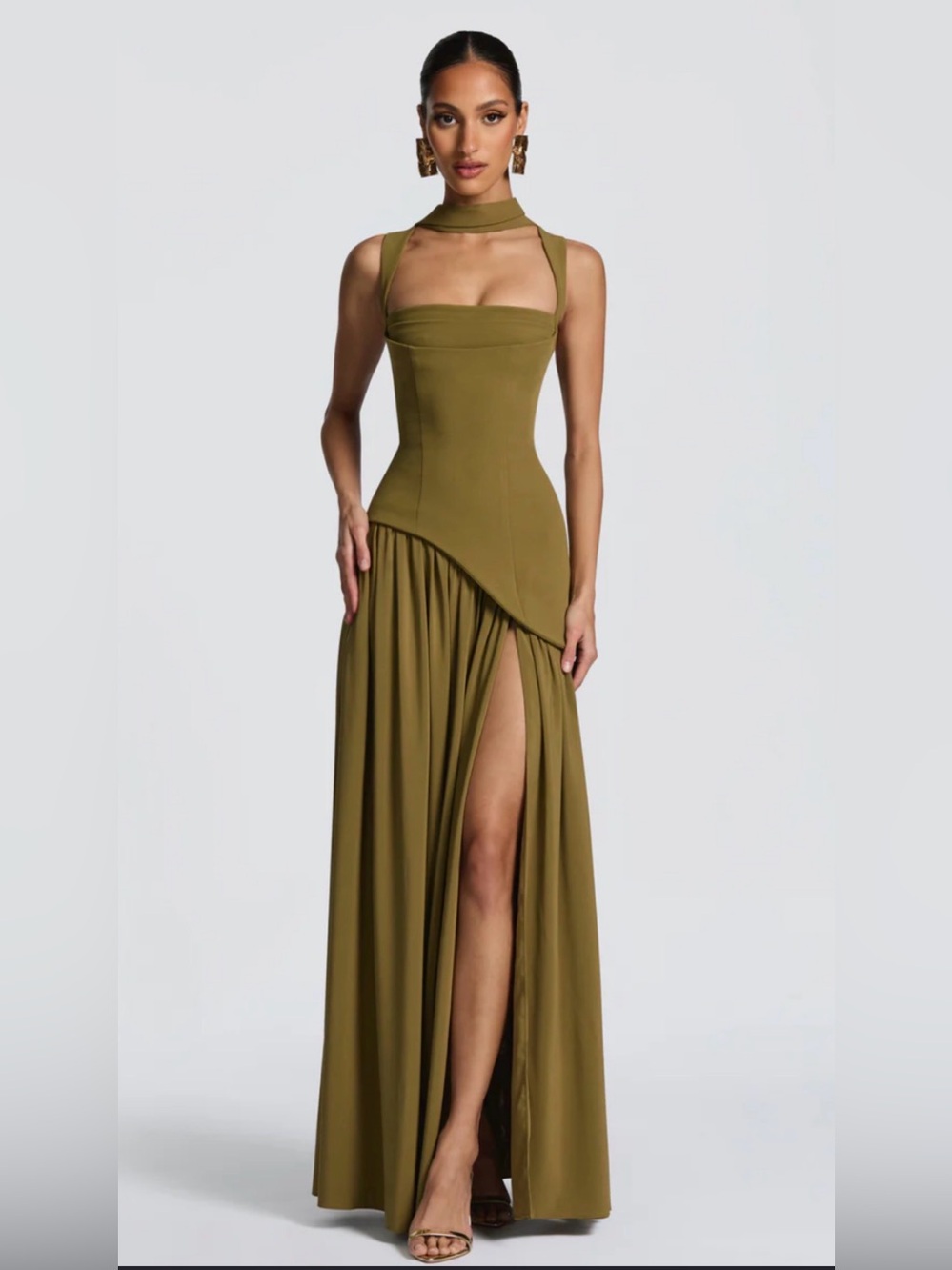 Olive Green Halter Maxi Dress with High Side Slit